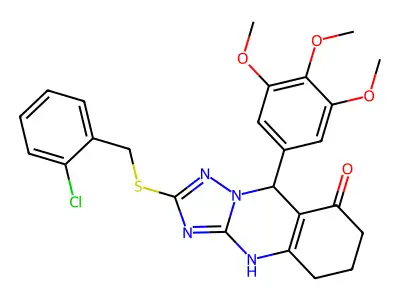 2-[(2-chlorobenzyl)sulfanyl]-9-(3,4,5-trimethoxyphenyl)-5,6,7,9-tetrahydro[1,2,4]triazolo[5,1-b]quinazolin-8(4H)-one structure