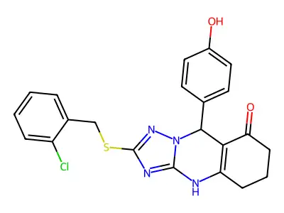 2-[(2-chlorobenzyl)sulfanyl]-9-(4-hydroxyphenyl)-5,6,7,9-tetrahydro[1,2,4]triazolo[5,1-b]quinazolin-8(4H)-one structure