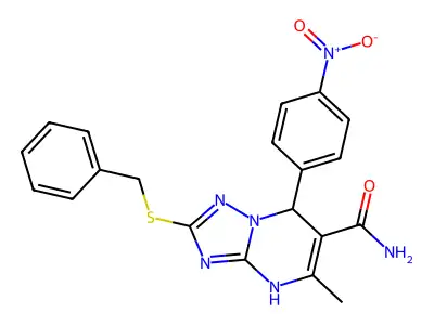 2-(benzylsulfanyl)-5-methyl-7-(4-nitrophenyl)-4H,7H-[1,2,4]triazolo[1,5-a]pyrimidine-6-carboxamide structure