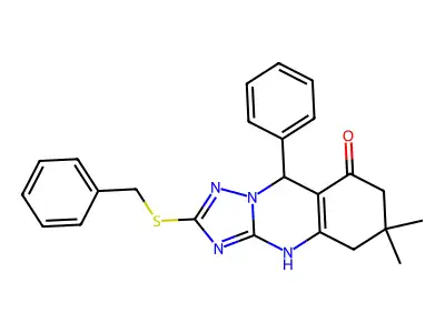 2-(benzylsulfanyl)-6,6-dimethyl-9-phenyl-5,6,7,9-tetrahydro[1,2,4]triazolo[5,1-b]quinazolin-8(4H)-one structure