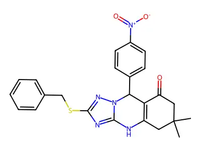 2-(benzylsulfanyl)-6,6-dimethyl-9-(4-nitrophenyl)-4H,5H,6H,7H,8H,9H-[1,2,4]triazolo[3,2-b]quinazolin-8-one structure