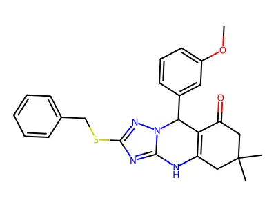 2-(benzylsulfanyl)-9-(3-methoxyphenyl)-6,6-dimethyl-4H,5H,6H,7H,8H,9H-[1,2,4]triazolo[3,2-b]quinazolin-8-one structure