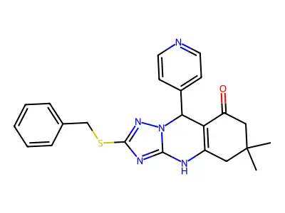 2-(benzylsulfanyl)-6,6-dimethyl-9-(pyridin-4-yl)-5,6,7,9-tetrahydro[1,2,4]triazolo[5,1-b]quinazolin-8-ol structure