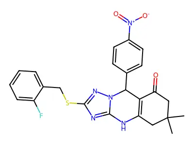 2-((2-fluorobenzyl)thio)-6,6-dimethyl-9-(4-nitrophenyl)-5,6,7,9-tetrahydro-[1,2,4]triazolo[5,1-b]quinazolin-8(4H)-one structure