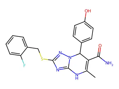 2-[(2-fluorobenzyl)thio]-7-(4-hydroxyphenyl)-5-methyl-4,7-dihydro[1,2,4]triazolo[1,5-a]pyrimidine-6-carboxamide structure