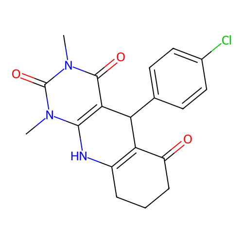 5-(4-chlorophenyl)-1,3-dimethyl-5,8,9,10-tetrahydropyrimido[4,5-b]quinoline-2,4,6(1H,3H,7H)-trione structure