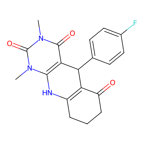 5-(4-fluorophenyl)-1,3-dimethyl-5,8,9,10-tetrahydropyrimido[4,5-b]quinoline-2,4,6(1H,3H,7H)-trione structure