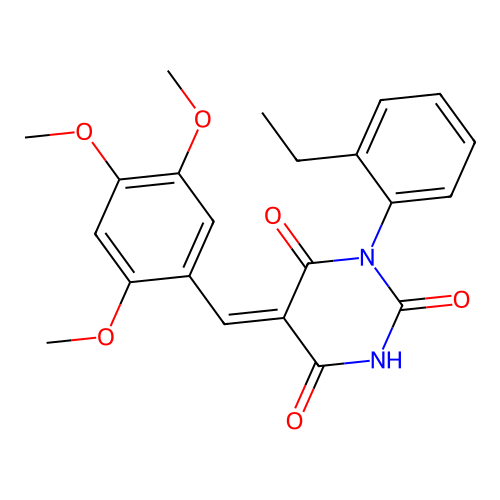 (5Z)-1-(2-ethylphenyl)-5-(2,4,5-trimethoxybenzylidene)pyrimidine-2,4,6(1H,3H,5H)-trione structure