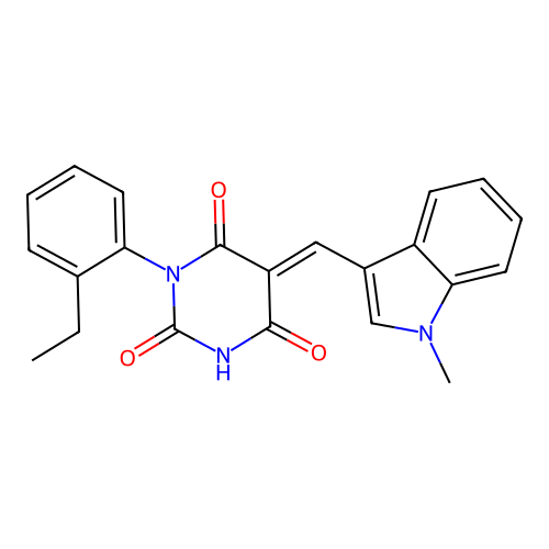 (E)-1-(2-ethylphenyl)-5-((1-methyl-1H-indol-3-yl)methylene)pyrimidine-2,4,6(1H,3H,5H)-trione structure