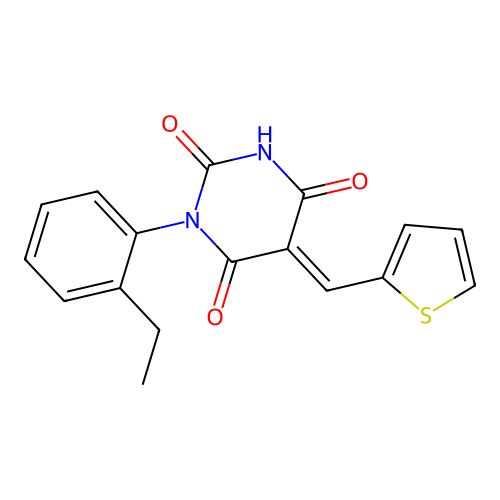 (E)-1-(2-ethylphenyl)-5-(thiophen-2-ylmethylene)pyrimidine-2,4,6(1H,3H,5H)-trione structure