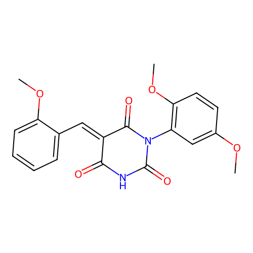 (E)-1-(2,5-dimethoxyphenyl)-5-(2-methoxybenzylidene)pyrimidine-2,4,6(1H,3H,5H)-trione structure