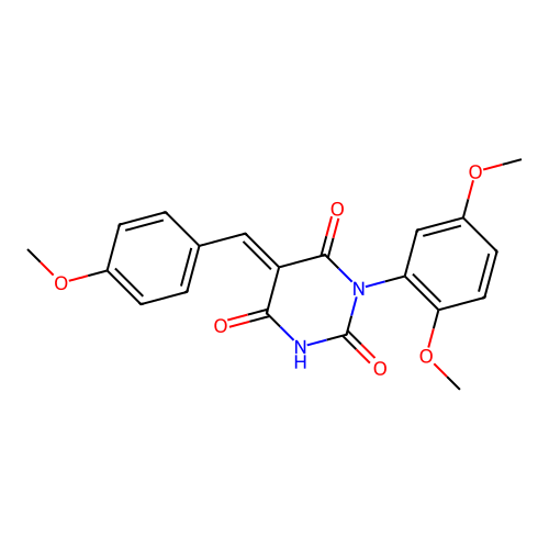 (5E)-1-(2,5-dimethoxyphenyl)-5-(4-methoxybenzylidene)pyrimidine-2,4,6(1H,3H,5H)-trione structure