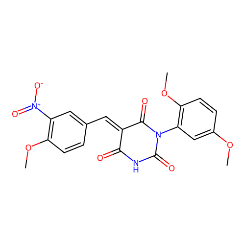 (5E)-1-(2,5-dimethoxyphenyl)-5-(4-methoxy-3-nitrobenzylidene)pyrimidine-2,4,6(1H,3H,5H)-trione structure
