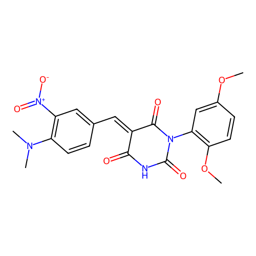 (E)-1-(2,5-dimethoxyphenyl)-5-(4-(dimethylamino)-3-nitrobenzylidene)pyrimidine-2,4,6(1H,3H,5H)-trione structure