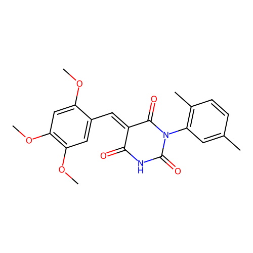 (5E)-1-(2,5-dimethylphenyl)-5-(2,4,5-trimethoxybenzylidene)pyrimidine-2,4,6(1H,3H,5H)-trione structure