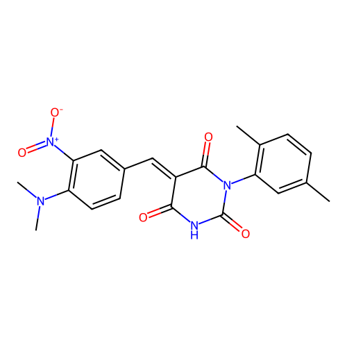 (E)-5-(4-(dimethylamino)-3-nitrobenzylidene)-1-(2,5-dimethylphenyl)pyrimidine-2,4,6(1H,3H,5H)-trione structure