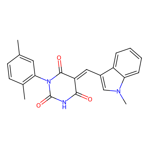 (E)-1-(2,5-dimethylphenyl)-5-((1-methyl-1H-indol-3-yl)methylene)pyrimidine-2,4,6(1H,3H,5H)-trione structure