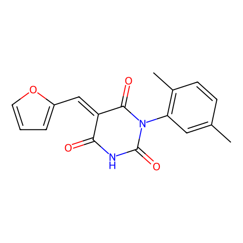 (E)-1-(2,5-dimethylphenyl)-5-(furan-2-ylmethylene)pyrimidine-2,4,6(1H,3H,5H)-trione structure