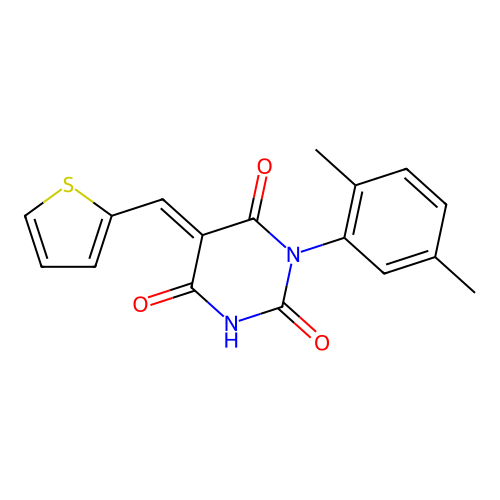 (E)-1-(2,5-dimethylphenyl)-5-(thiophen-2-ylmethylene)pyrimidine-2,4,6(1H,3H,5H)-trione structure