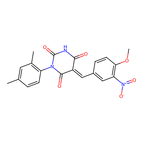 (E)-1-(2,4-dimethylphenyl)-5-(4-methoxy-3-nitrobenzylidene)pyrimidine-2,4,6(1H,3H,5H)-trione structure