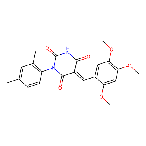 (5E)-1-(2,4-dimethylphenyl)-5-(2,4,5-trimethoxybenzylidene)pyrimidine-2,4,6(1H,3H,5H)-trione structure