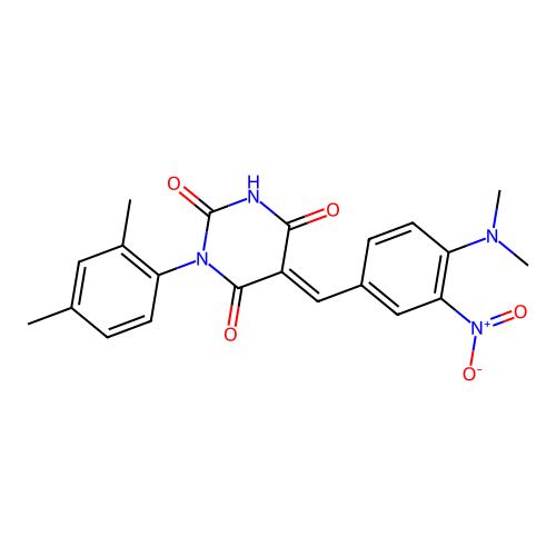 (E)-5-(4-(dimethylamino)-3-nitrobenzylidene)-1-(2,4-dimethylphenyl)pyrimidine-2,4,6(1H,3H,5H)-trione structure