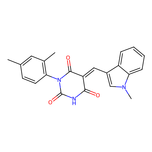 (E)-1-(2,4-dimethylphenyl)-5-((1-methyl-1H-indol-3-yl)methylene)pyrimidine-2,4,6(1H,3H,5H)-trione structure