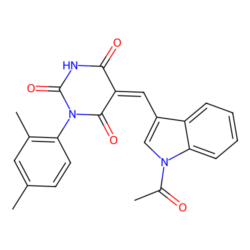 (Z)-5-((1-acetyl-1H-indol-3-yl)methylene)-1-(2,4-dimethylphenyl)pyrimidine-2,4,6(1H,3H,5H)-trione structure