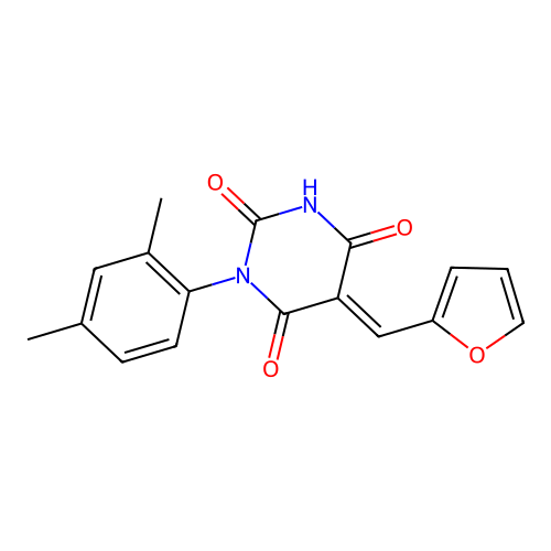 (E)-1-(2,4-dimethylphenyl)-5-(furan-2-ylmethylene)pyrimidine-2,4,6(1H,3H,5H)-trione structure