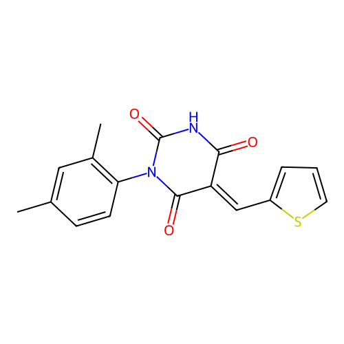 (5E)-1-(2,4-dimethylphenyl)-5-(thiophen-2-ylmethylidene)-1,3-diazinane-2,4,6-trione structure