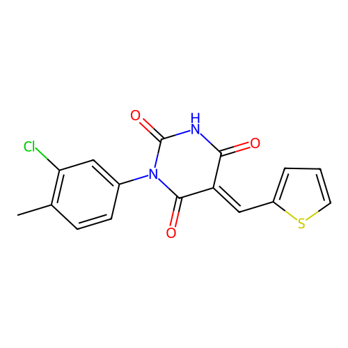 (5E)-1-(3-chloro-4-methylphenyl)-5-(thiophen-2-ylmethylidene)-1,3-diazinane-2,4,6-trione structure