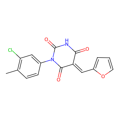 (5E)-1-(3-chloro-4-methylphenyl)-5-(furan-2-ylmethylidene)-1,3-diazinane-2,4,6-trione structure