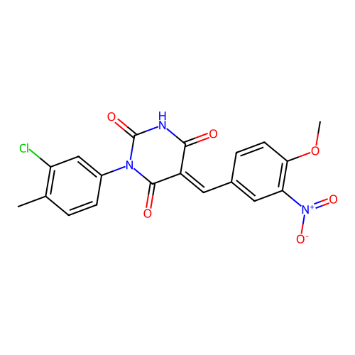 (5E)-1-(3-chloro-4-methylphenyl)-5-(4-methoxy-3-nitrobenzylidene)pyrimidine-2,4,6(1H,3H,5H)-trione structure