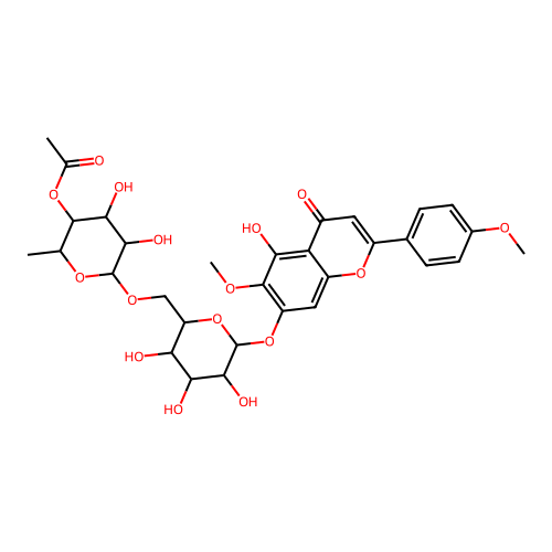 (2S,3R,4S,5R,6R)-4,5-dihydroxy-2-methyl-6-(((2R,3S,4S,5R,6S)-3,4,5-trihydroxy-6-((5-hydroxy-6-methoxy-2-(4-methoxyphenyl)-4-oxo-4H-chromen-7-yl)oxy)tetrahydro-2H-pyran-2-yl)methoxy)tetrahydro-2H-pyran -3-yl acetate [M+H]+ structure