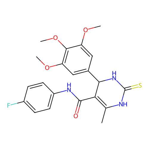 N-(4-fluorophenyl)-4-methyl-2-sulfanyl-6-(3,4,5-trimethoxyphenyl)-1,6-dihydropyrimidine-5-carboxamide structure