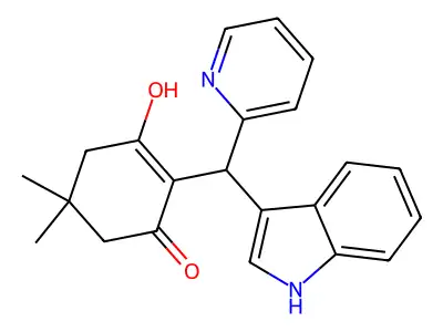 2-((1H-indol-3-yl)(pyridin-2-yl)methyl)-3-hydroxy-5,5-dimethylcyclohex-2-enone structure