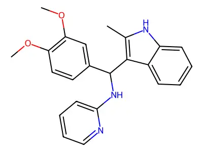 N-[(3,4-dimethoxyphenyl)(2-methyl-1H-indol-3-yl)methyl]pyridin-2-amine structure