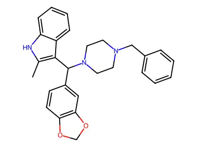 3-(benzo[d][1,3]dioxol-5-yl(4-benzylpiperazin-1-yl)methyl)-2-methyl-1H-indole structure