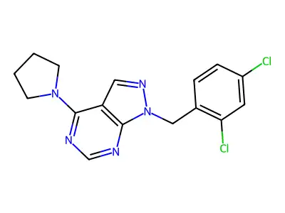 1-(2,4-dichlorobenzyl)-4-(pyrrolidin-1-yl)-1H-pyrazolo[3,4-d]pyrimidine structure