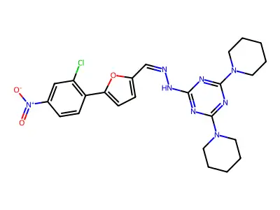 N-[(Z)-[5-(2-chloro-4-nitrophenyl)furan-2-yl]methylideneamino]-4,6-di(piperidin-1-yl)-1,3,5-triazin-2-amine structure