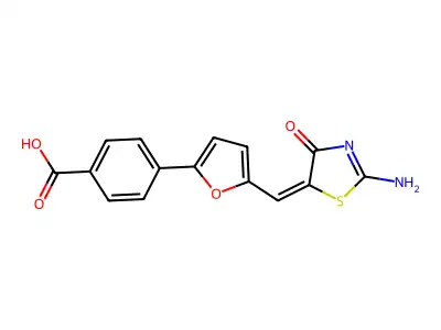 4-[5-[(E)-(2-amino-4-oxo-1,3-thiazol-5-ylidene)methyl]furan-2-yl]benzoic acid structure