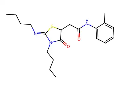 2-[(2Z)-3-butyl-2-(butylimino)-4-oxo-1,3-thiazolidin-5-yl]-N-(2-methylphenyl)acetamide structure