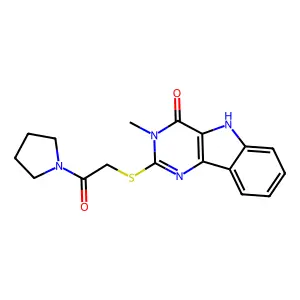 3-methyl-2-(2-oxo-2-pyrrolidin-1-ylethyl)sulfanyl-5H-pyrimido[5,4-b]indol-4-one structure