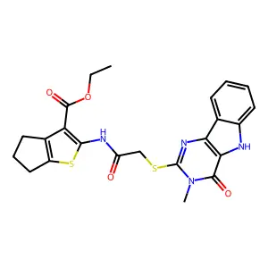ethyl 2-[2-({3-methyl-4-oxo-3H,4H,5H-pyrimido[5,4-b]indol-2-yl}sulfanyl)acetamido]-4H,5H,6H-cyclopenta[b]thiophene-3-carboxylate structure