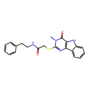 2-((3-methyl-4-oxo-4,5-dihydro-3H-pyrimido[5,4-b]indol-2-yl)thio)-N-phenethylacetamide structure