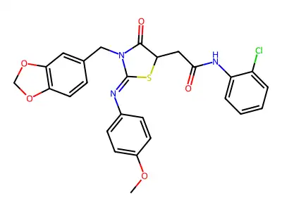 2-{(2Z)-3-(1,3-benzodioxol-5-ylmethyl)-2-[(4-methoxyphenyl)imino]-4-oxo-1,3-thiazolidin-5-yl}-N-(2-chlorophenyl)acetamide structure