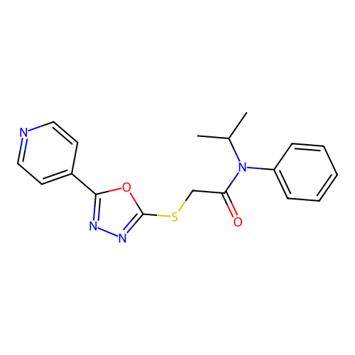 N-phenyl-N-propan-2-yl-2-[(5-pyridin-4-yl-1,3,4-oxadiazol-2-yl)sulfanyl]acetamide structure