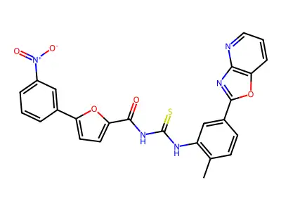 N-[[2-methyl-5-([1,3]oxazolo[4,5-b]pyridin-2-yl)phenyl]carbamothioyl]-5-(3-nitrophenyl)furan-2-carboxamide structure