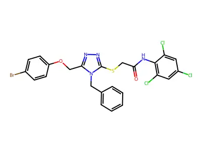 2-({4-benzyl-5-[(4-bromophenoxy)methyl]-4H-1,2,4-triazol-3-yl}sulfanyl)-N-(2,4,6-trichlorophenyl)acetamide structure