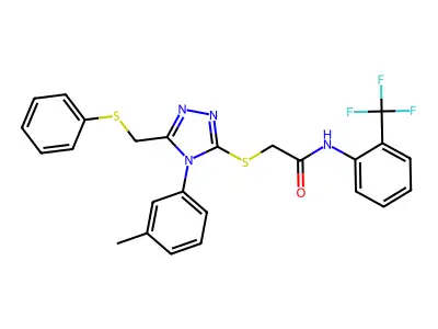 2-({4-(3-methylphenyl)-5-[(phenylsulfanyl)methyl]-4H-1,2,4-triazol-3-yl}sulfanyl)-N-[2-(trifluoromethyl)phenyl]acetamide structure